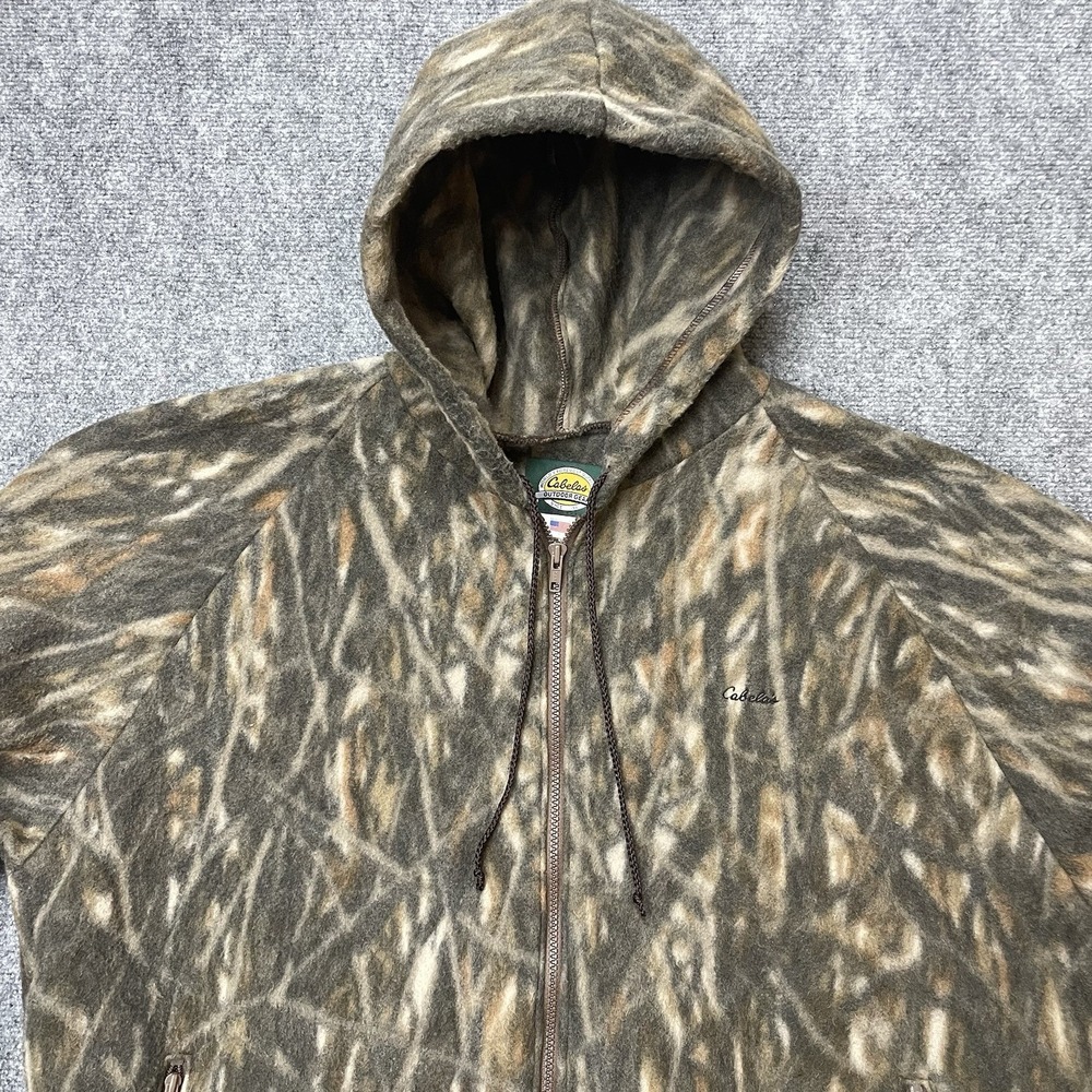 Vintage 90s Cabela's Fleece Bomber Jacket Camo Trebark Hunting Full Zip Mens XXL